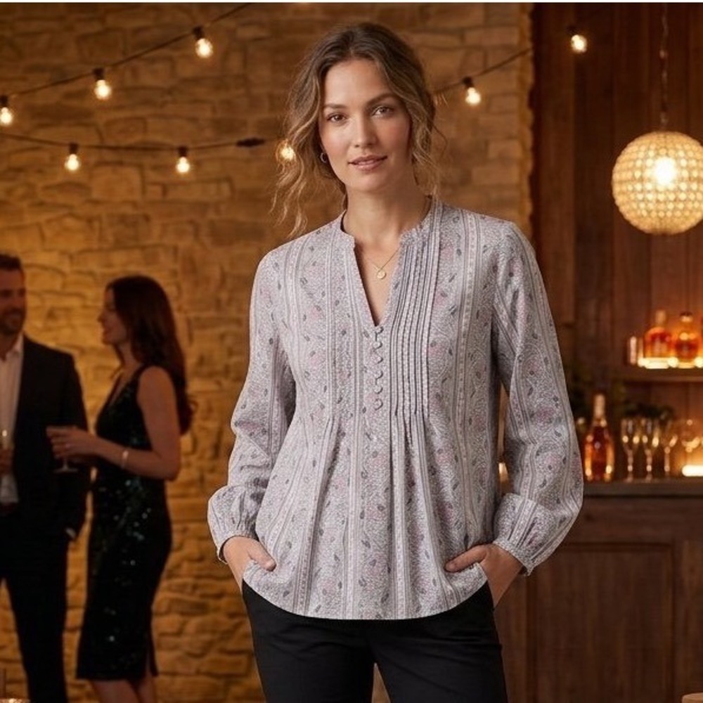 Pure Jill Organically Grown Cotton Floral Pintuck Blouse Grey Pink - Size S